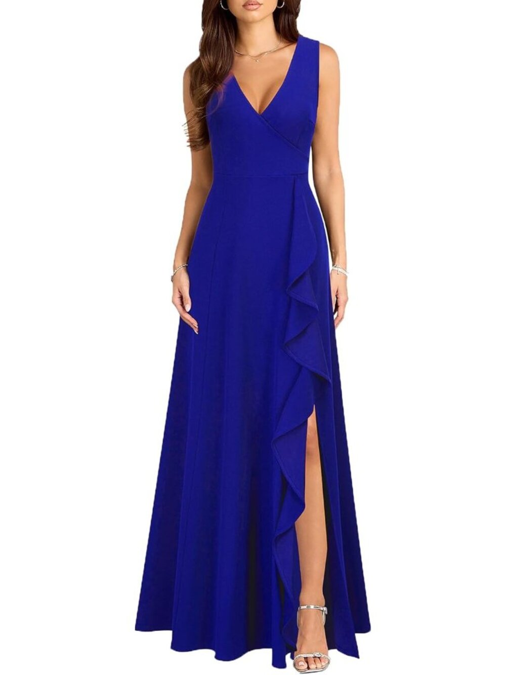 Women's Royal Blue V Neck Sexy Split Cocktail Pockets Ruffle Party Long Dress